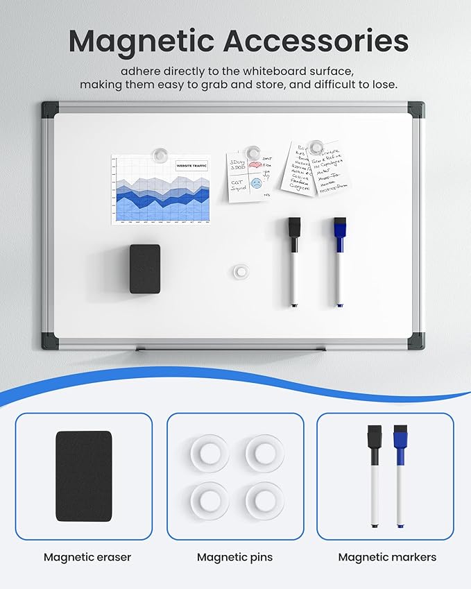 VUSIGN 12PCS Magnetic White Board Kit for Wall 18" x 12", 12 Dry Eraser & 24 Multicolor Markers & 48 Magnetic Pins, Sliver Reinforced Aluminum Frame for Home, School, Office