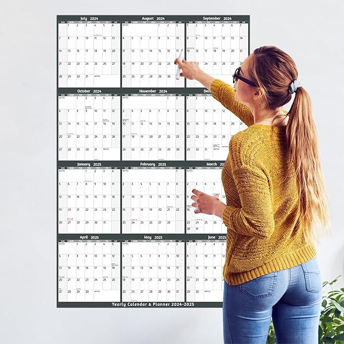Yearly Wall Calendar 2024-2025 - Large Yearly Calendar Vetical, Jul 2024 - Jun 2025, 25.2" x 38.2" (Open), 2024-2025 Calendar, Large Wall Calendar, Full Year Paper Calendar with Notes, Thicker Paper