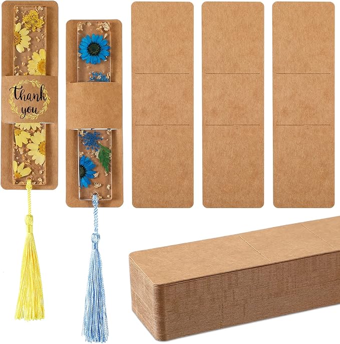 Fumete 50 Pieces Resin Bookmark Holder 5.9 x 1.8 Inches Kraft Sleeves DIY Bookmarks Display Cards for Wrapping Small Business Packaging Supplies Party Favor Gift (Brown, Cute)