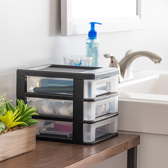 IRIS USA Plastic Stacking Desk Top 3-Drawer Storage Organizer, 4-Pack, for Makeup Vanity Nail Polish Bathroom Stationery Art Craft Supplies Kitchen Office Garage and Small Organization, Small, Black