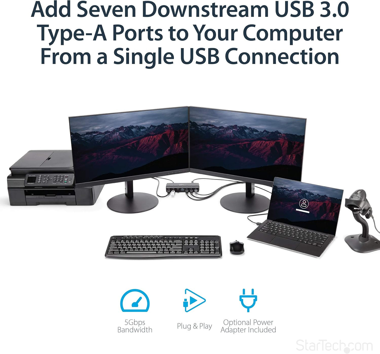 StarTech.com 7 Port USB 3.0 Hub – Up To 5 Gbps – 7 x USB – Universal Multi Port USB Extender for Your Desktop – USB Powered (ST7300USB3B)