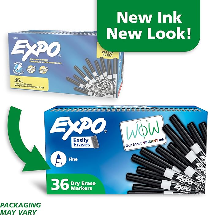 EXPO Fine Tip Dry Erase Markers, Low Odor, Black Ink, 36-Count Set, Ideal for Classroom, Office, and Home Use
