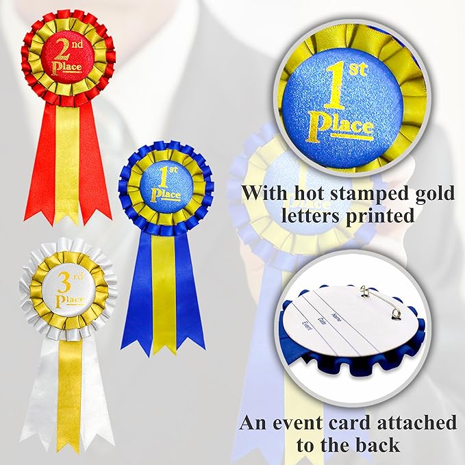 Premium Award Ribbons Blue,Red,White - 1st, 2nd,3rd Place - 5 set of the 3pack (15 ribbons) - First Second Third Place Winner Ribbons