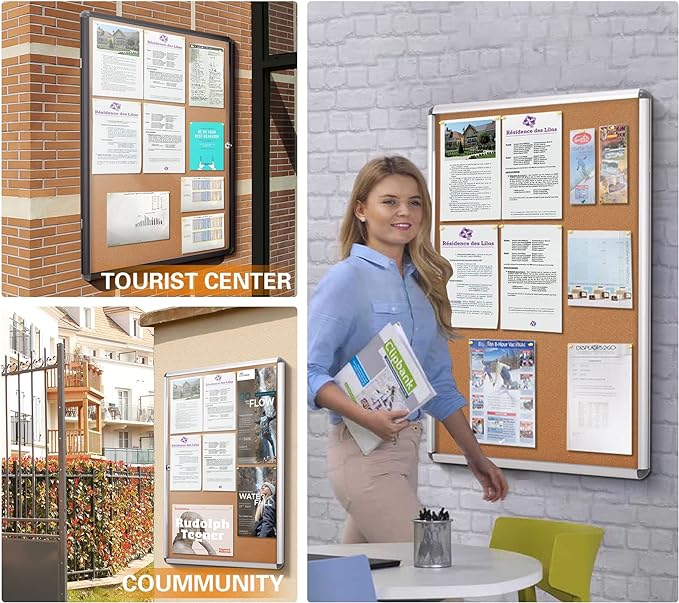 SWANCROWN Lockable Noticeboard Wall-Mounted Bulletin Cork Boards Tamper Proof Information Board Indoor,Black Frame,28x26 inch (6xA4)