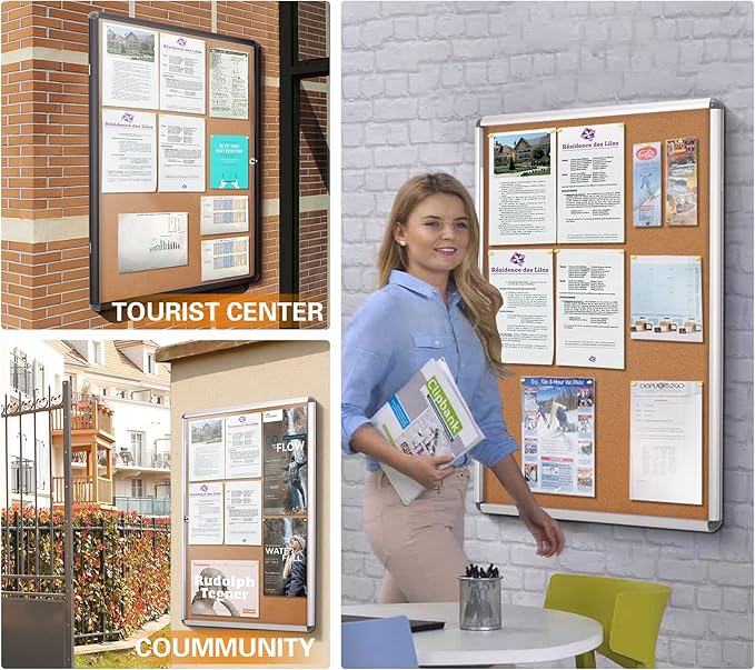 SWANCROWN Enclose Bulletin Board Case Big School Cork Pin Noticeboards Secure Cabinet for Message Guide 38x38inches (12xA4)