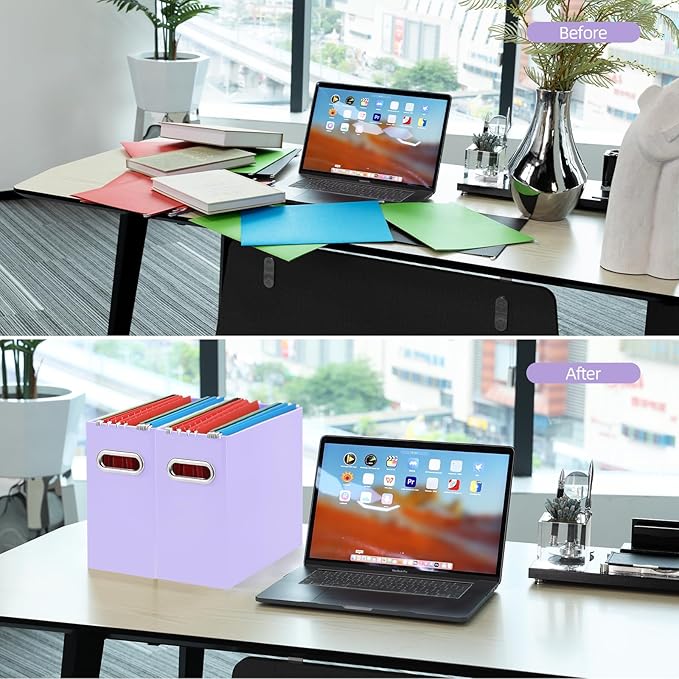 Oterri File Organizer, Small Storage Box, Cardboard File Folder Organizer, Collapsible File Box, Hanging File Organizer for Letter Size, Portable File Box with Handle, Only Box (Purple,4 Packs)