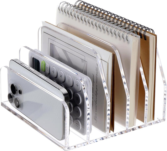 SANRUI Acrylic Desk Mail Organizer Sorters, Clear 5 Upright Compartments Laddered Desktop File Letter Holder, Multifunction Envelope Vertical Folder Racks Document Holders for Office, Home, School