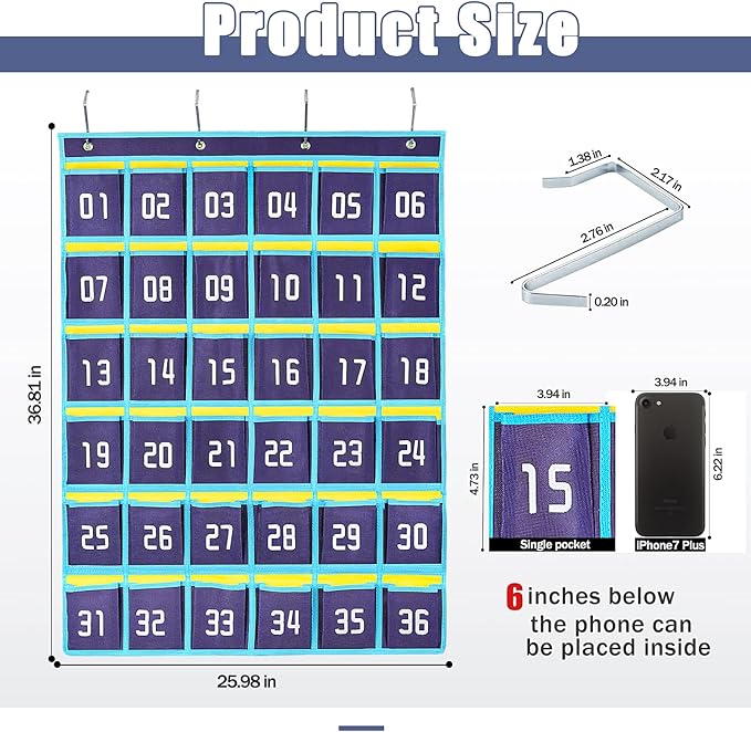 Loghot Numbered Classroom Sundries Closet Pocket Chart for Cell Phones Holder Wall Door Hanging Organizer (36 Pockets Blue 2Pc)