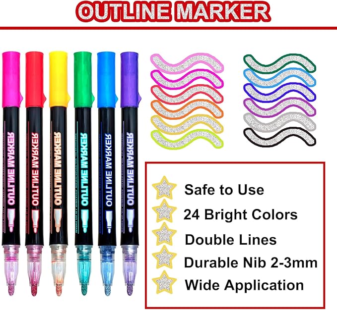 Shimmer Markers Doodle Outline Pens - Stocking Stuffers Kids Teen Tween Girls Ages 4 8 10 12 Year Old Gift Present 24 Colors Metallic Glitter Double Line Sparkle Set Art Craft Drawing Supplies Stuff