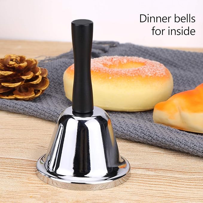 MROCO Loud Hand Bell, 2 Pack Silver Steel Hand Bells for Adults, Dinner Bells for Inside Classroom Bell, for Food Line, Alarm, Jingles, Ringing