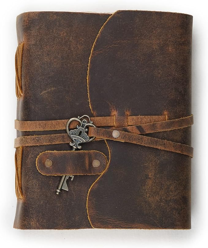 LEATHER VILLAGE Vintage Leather Journal – 200 Handmade Vintage Deckle Edge Paper – Leather bound Journal For Women Men – Vintage Key Closure - Book of Shadows - Cappuccuno Brown - 13X8 inches