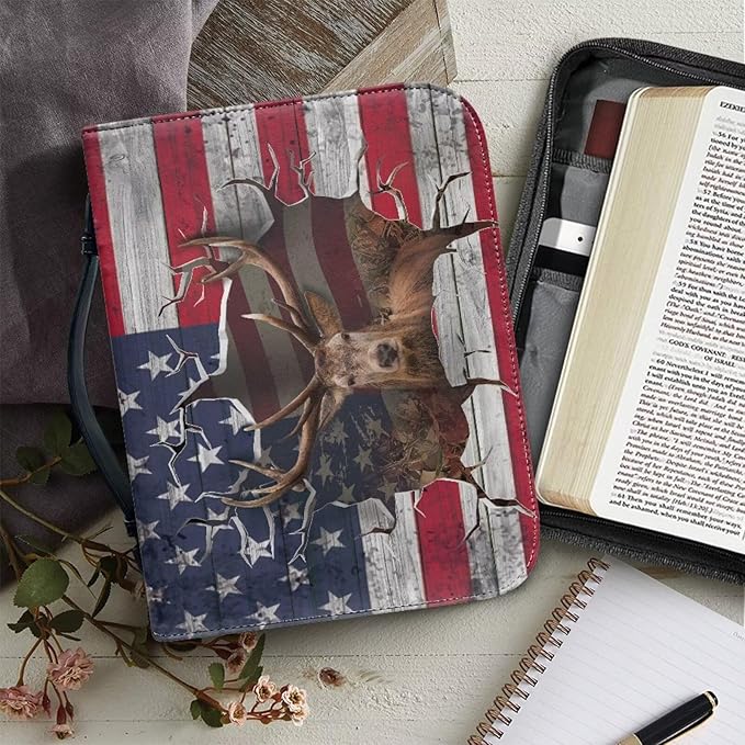 Lotusorchid Reindeer Bible Cover Case, Zippered Bible Carrying Case for Women Girls, Portable American Flag Bible Tote Bag Sturdy Bible Book Cover for Bible Study, Christian Bible Accessories,2XL