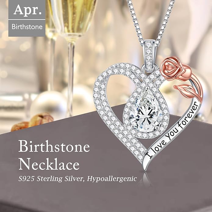 Hidepoo Christmas Gifts for Women Mom Wife - Sterling Silver Rose Heart Birthstone Necklace I Love You Forever Heart Pendant Teardrop Necklace Jewelry Anniversary Valentines Christmas Birthday Gifts