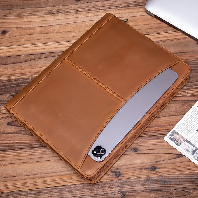 Handmade Crazy-Horse Leather Padfolio Portfolio, Easy to Carry with A Zippered Closure, Business Organizer Tablet Folio Folder with Letter Size Notepad, Gift for Women & Men (Brown, Custom)