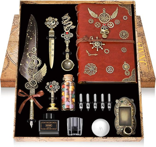 Feather Pen Ink Set With Quill Pen, Notebook, 5 Replaceable Nibs, Seal Stamp, Spoon, Wax Beads, White Wax, Ink, Holder Cup, Envelope, Letter Paper, Envelope Tool(grey)