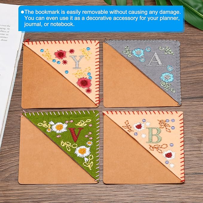 PATIKIL Personalized Embroidered Corner Bookmark, Cute Flower Felt Stitched Triangle Book Mark Page Marker for Women Men Book Lovers Teachers, Pink, Letter U
