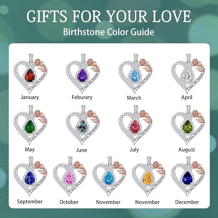 Hidepoo Christmas Gifts for Women Mom Wife - Sterling Silver Rose Heart Birthstone Necklace I Love You Forever Heart Pendant Teardrop Necklace Jewelry Anniversary Valentines Christmas Birthday Gifts