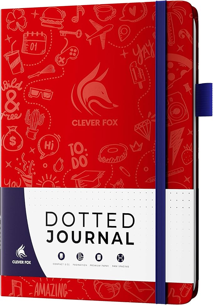 Clever Fox Dotted Journal 2.0 – Compact Planning and Sketching Dot Grid Notebook 120 GSM Thick, No-Bleed Paper – Planner with Pen Loop, Pocket, Ribbons, Stickers A5 - Wine Red