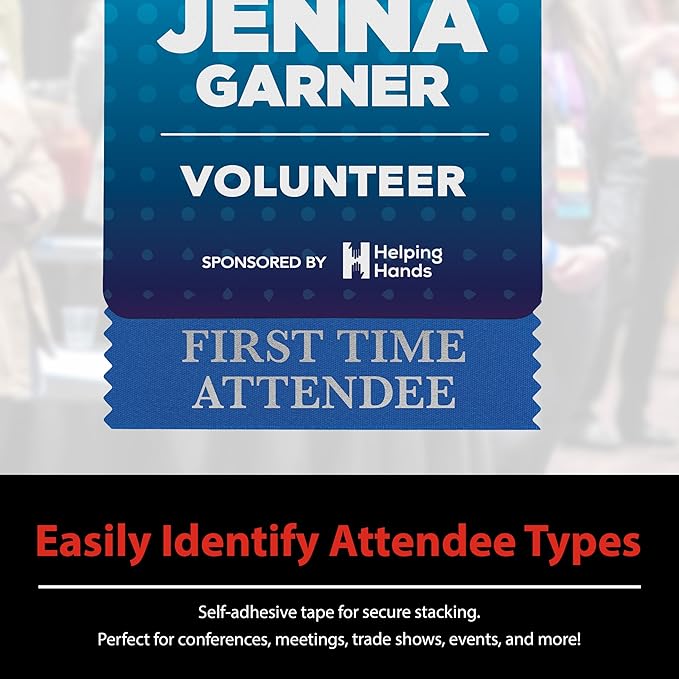 Conference Badge Ribbons with Adhesive, 4 x 1-5/8”, 100pk (50 Attendee, 20 First Time, 10 Sponsor, 10 Exhibitor, 10 Speaker), Satin