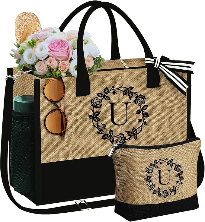 YOOLIFE Christmas Gifts for Women - Initial Jute Tote Bag & Makeup Bag, Birthday Gifts for Women Her Mom Teacher Friend