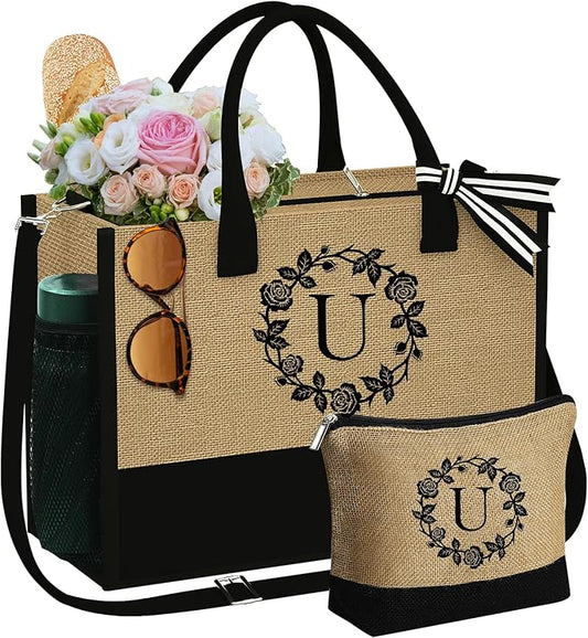 YOOLIFE Christmas Gifts for Women - Initial Jute Tote Bag & Makeup Bag, Birthday Gifts for Women Her Mom Teacher Friend