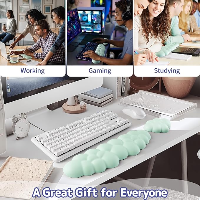 Cloud Wrist Rest Keyboard, Cloud Palm Rest Set with PU Leather Memory Foam, Cute Keyboard Rest for Wrist Support and Arm Rest, Desk Cloud Wrist Pad for PC/Gaming/Laptop/Computer-Light Green