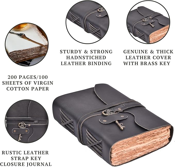 LEATHER VILLAGE Vintage Leather Journal – 200 Handmade Vintage Deckle Edge Paper – Leather bound Journal For Women Men – Vintage Key Closure - Book of Shadows - Black - 8X6 inches (A5)