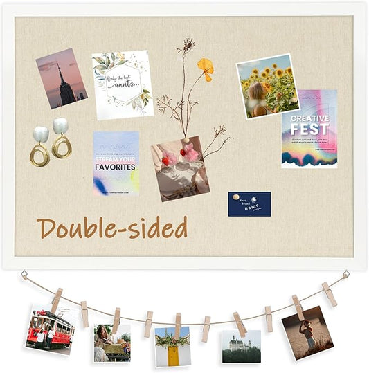 DOLLAR BOSS Cork Board Bulletin Board with Linen Double-Sided 36" x 24" Linen Corkboards for Walls Picture Display Vision Board for Office Home School Framed Picture Pin Board, 20 Pushpins 10 Clips