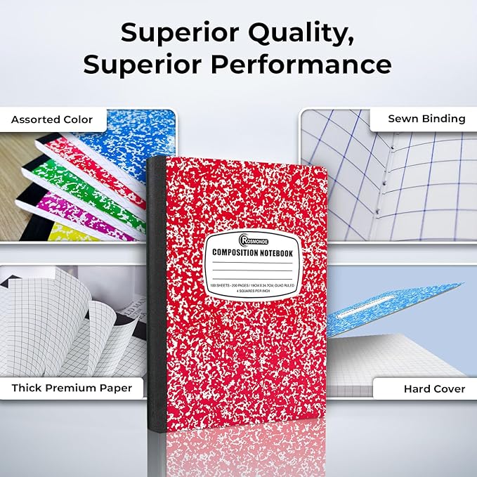 12 Pack Graph Paper Composition Notebook, 200 Pages (100 Sheets), 4x4 Grid, Graph Composition Notebook, Hard Cover Quad Ruled Notebook for Home & School, Bulk Grid Notebooks, Assorted Marble