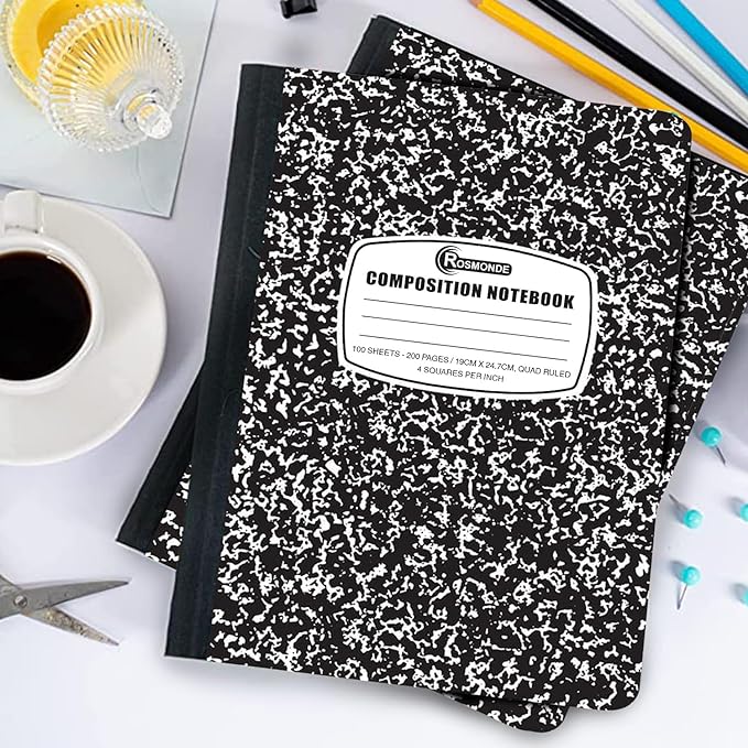 12 Pack Graph Paper Composition Notebook, 200 Pages (100 Sheets), 4x4 Grid, Graph Composition Notebook, Black Marble Hard Cover Quad Ruled Notebooks for School, Bulk Grid Composition Notebook