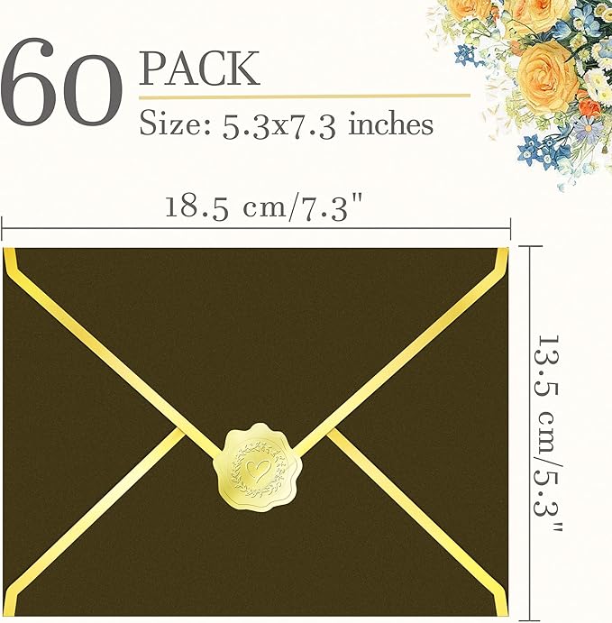 60 Pack Gold Envelopes 5x7 Bulk Tan Brown, 250G Pearled Cardstock A7 Envelopes for Invitations Business Mailing Envelope with Gold Foil Border, A6 4x6 Envelopes for Wedding Baby Shower Cards