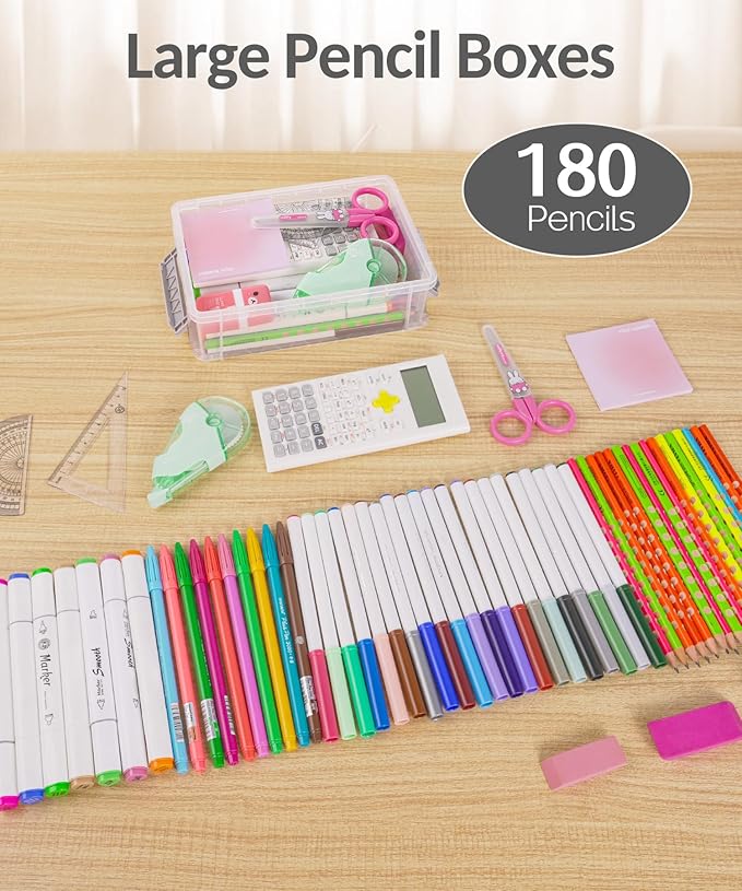 Sooez 6 Pack Extra Large Pencil Box, Plastic Pencil Case Crayon Box Bulk, Clear Marker Organizer Plastic Containers with Lid, Stackable Storage Box for Craft, Pen, Art, School Supply, Purple