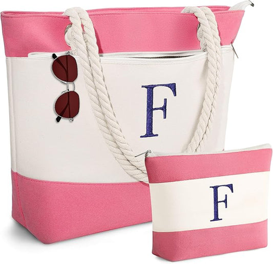 YOOLIFE Christmas Gifts for Women - Initial Canvas Tote Bag & Makeup Bag, Birthday Gifts for Women Mom Teacher Friend Sister