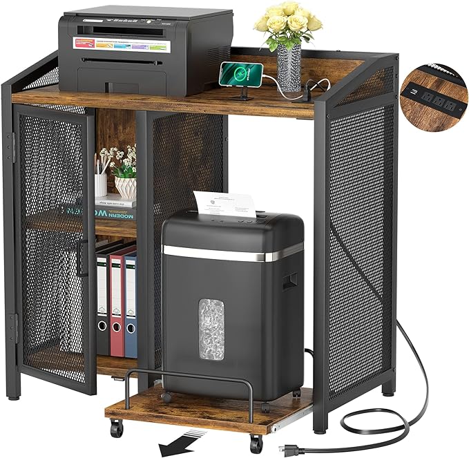 Unikito 3-Tier Lateral Office Filing Cabinets with Socket and USB Charging Port, Modern Printer Stand and Paper Shredder Stand Rack with Wheels and Open Storage Shelves for Home Office, Rustic Brown