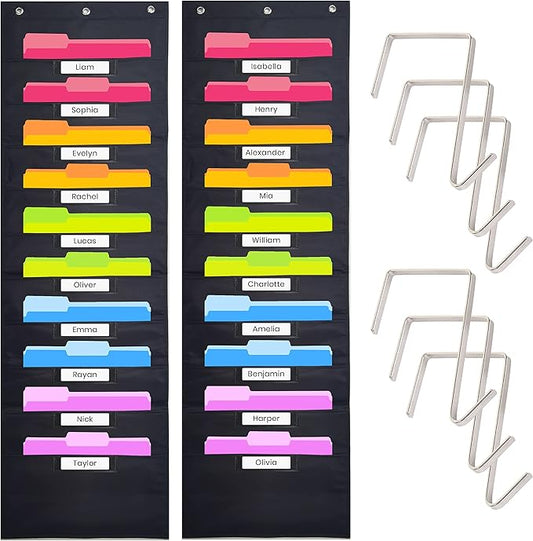 Hippo Creation Storage Pocket Chart for Classroom, 10 Pocket Storage Organizer with 6 Over-Door Hangers, Hanging Wall Organizer for File Folders, School Mailbox, Home Office Papers - Black, 2 Pack