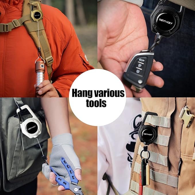 Retractable Keychain Heavy Duty, Multitool Carabiner Badge Holder, Retractable Keychain Clip Id Holder, Tactical ID Badge Reel with 29.5" Steel Retractable Cord, Blue