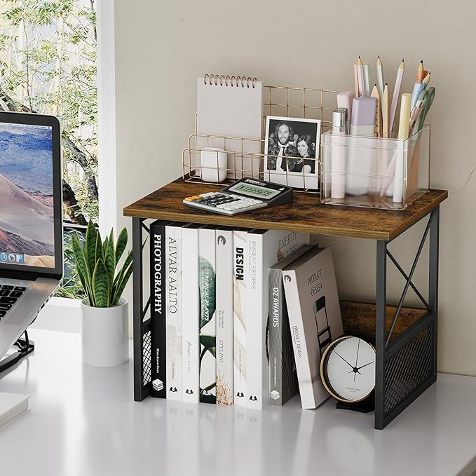 Printer Stand for Desk, Desktop Printer Stand Shelf Organzier for Home Offic, for Above and Under Desk, Fax Machine Copier Scanner, Rustic Brown