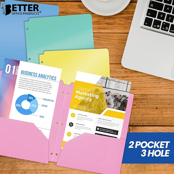 Better Office Products 3 Hole Punch Pocket Folders, Bulk Pack, Sturdy Plastic 2 Pocket Folders, Assorted Pastel Colors, Letter Size, with Business Card Slot,(12 Pack)