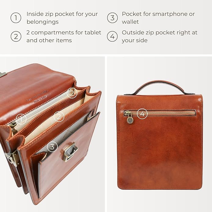 Time Resistance Small Leather Briefcase for Men - Crossbody Bag - Italian Leather Messenger Bag - Gift Box Included