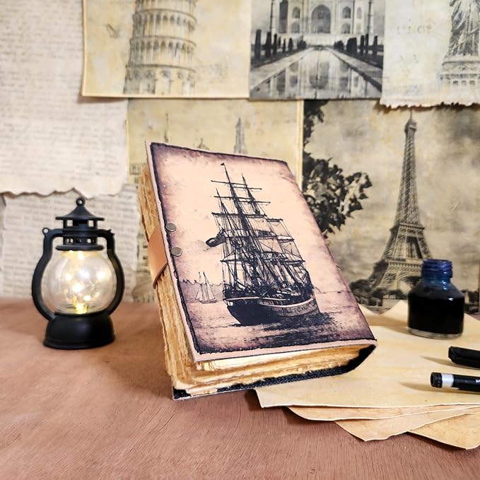 Big Medium Sailing Ship Leather Journal Dairy Notebook Sketchbook | 200 Deckle Papers | C-Shape Lock for Closure (8*6 inch)