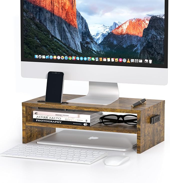 BONTEC Monitor Stand Riser, 2 Tiers Wood Monitor Riser Stand with Storage Organizer, Desktop Ergonomic Monitor Stand Riser with Cellphone Holder and Cable Management, 16.5 Inch Shelf, Vintage Brown