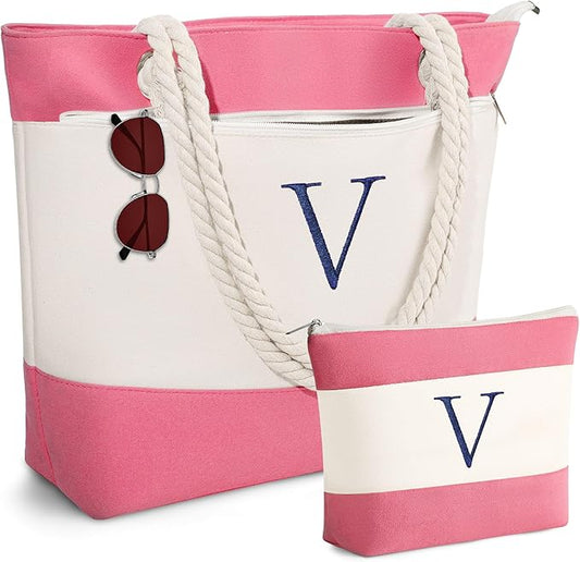 YOOLIFE Christmas Gifts for Women - Initial Canvas Tote Bag & Makeup Bag, Birthday Gifts for Women Mom Teacher Friend Sister
