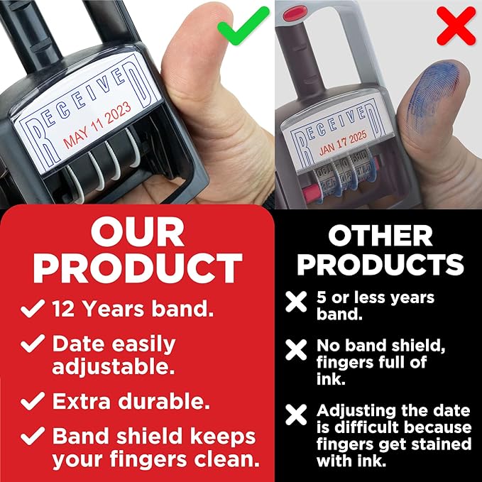 Self-Inking Rubber Date Office Stamp with Deposited Phrase - Blue Ink - 12-Year Band
