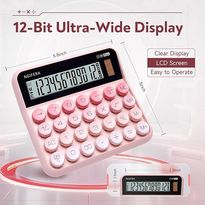 Mechanical Switch Calculator,12 Digits, Large LCD Display,Big Buttons,Solar and Battery Dual Power Mechanical Keyboard Desktop Pink Calculators,Cute and Aesthetic