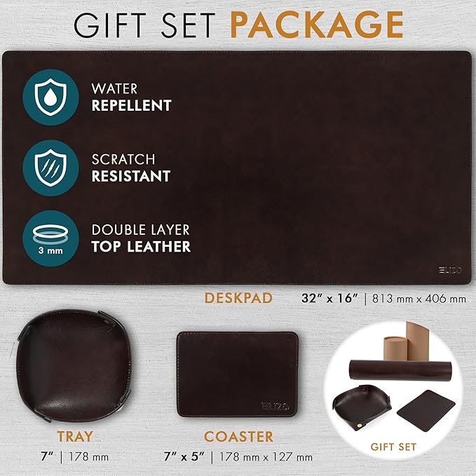 Elizo Leather Desk Mat Desk Pad Blotter Set - Real Full-Grain Leather (32x16) 2-Layer Genuine Desk Cover Protector & Large Mouse Pad | Computer Keyboard Desk Accessories for Office & Home Java
