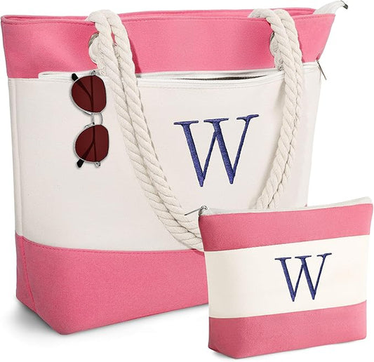 YOOLIFE Christmas Gifts for Women - Initial Canvas Tote Bag & Makeup Bag, Birthday Gifts for Women Mom Teacher Friend Sister
