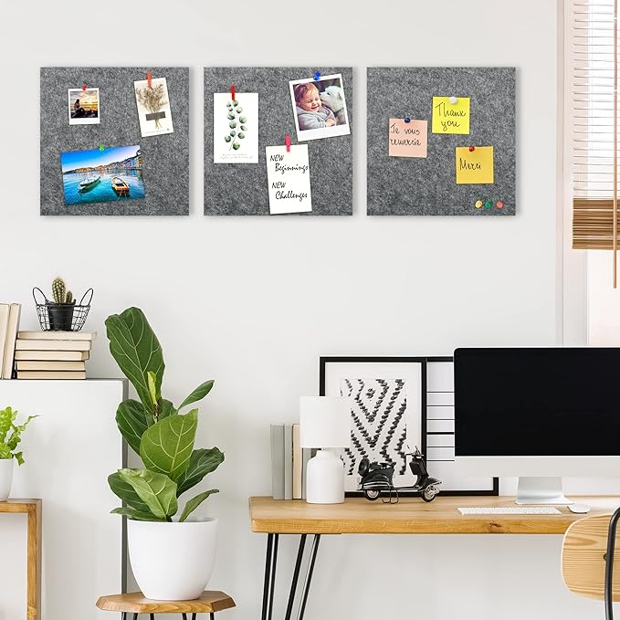 AKTOP Cork Bulletin Board 12x12, 1/2" Thick Felt Cork Board Tiles 9 Pack, Small Square Pin Board for Wall, Self Adhesive Corkboards with 120 Push Pin Wood Clips for School, Home & Office, Grey