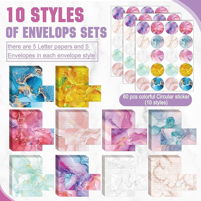 TaoBary 160 Packs Stationery Paper Set (50 Double Sided Stationery Writing Papers 50 Matching Envelopes) 60 Round Dot Sticker, 10 Design(Marble,8.5 x 11 Inch)