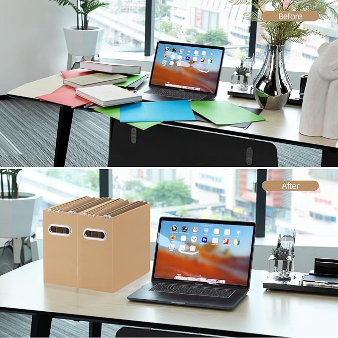 Oterri File Organizer, Small Storage Box, Cardboard File Folder Organizer, Collapsible File Box, Hanging File Organizer for Letter Size, Portable File Box with Handle, Only Box (Brown,2 Packs)