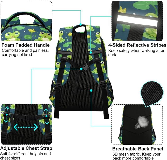 MNSRUU Laptop Backpack with Chest Strap, Cute Frog School Backpack, Travel Hiking Backpack for Boys Girls Teen Adult, Rucksack, Knapsack